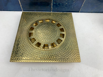Unlacquered solid brass shower floor drain - Hammered floor drain - Triazadesigns