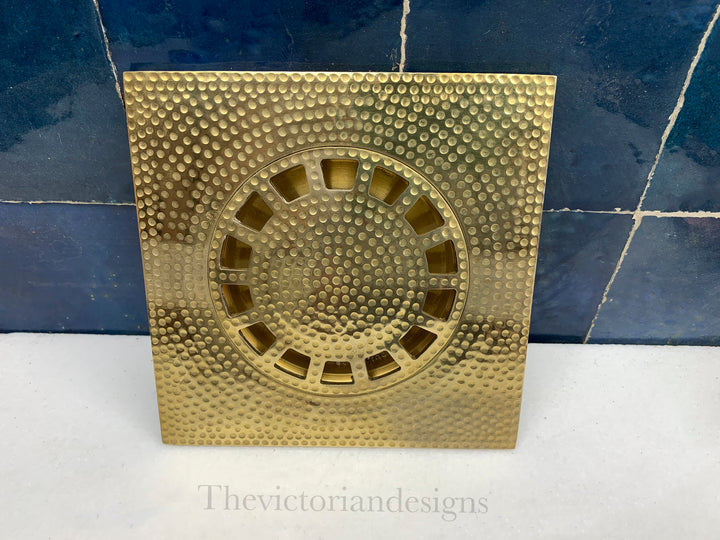 Unlacquered solid brass shower floor drain - Hammered floor drain - Triazadesigns