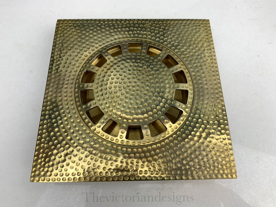 Unlacquered solid brass shower floor drain - Hammered floor drain - Triazadesigns