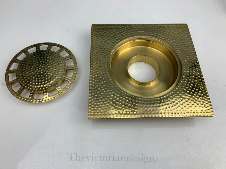 Unlacquered solid brass shower floor drain - Hammered floor drain - Triazadesigns
