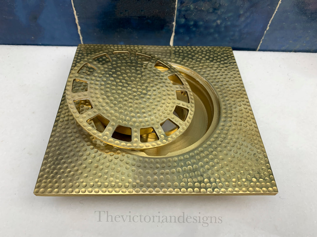Unlacquered solid brass shower floor drain - Hammered floor drain - Triazadesigns