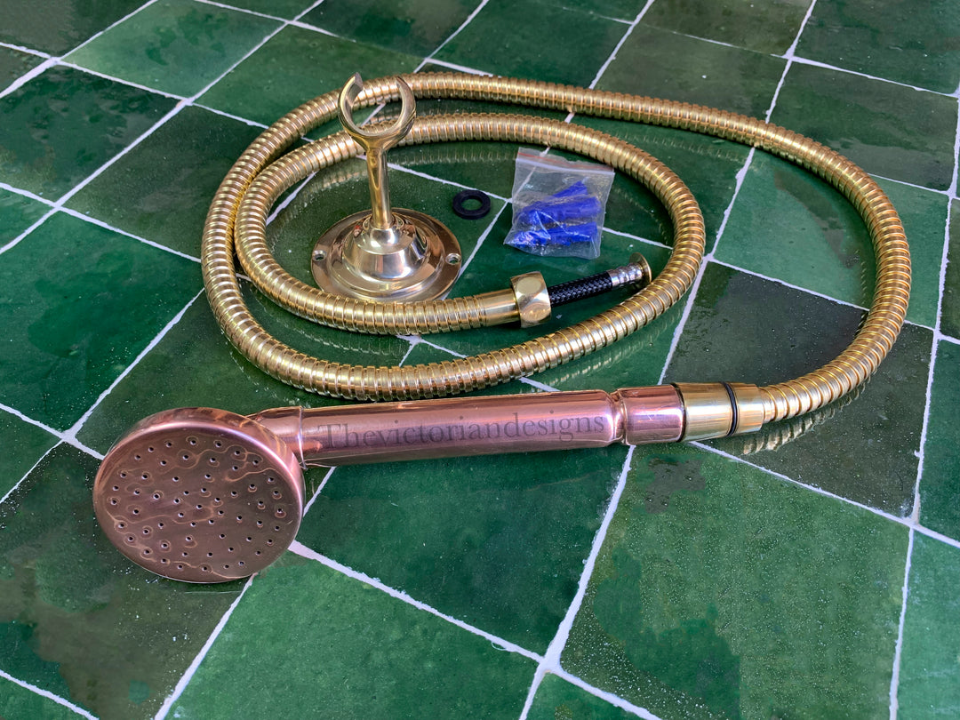 Copper Hand Shower, Unlacquered Handheld outdoor copper shower head with Hose and Holder. - Triazadesigns