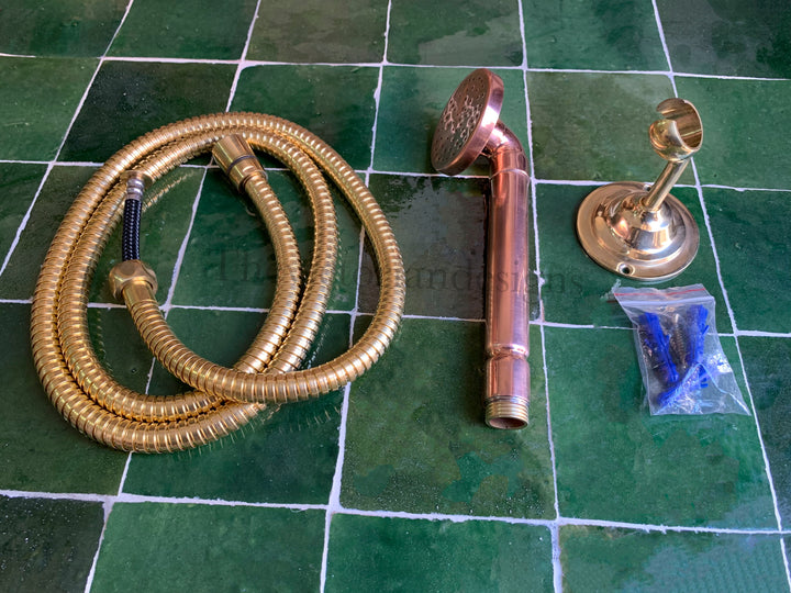 Copper Hand Shower, Unlacquered Handheld outdoor copper shower head with Hose and Holder. - Triazadesigns
