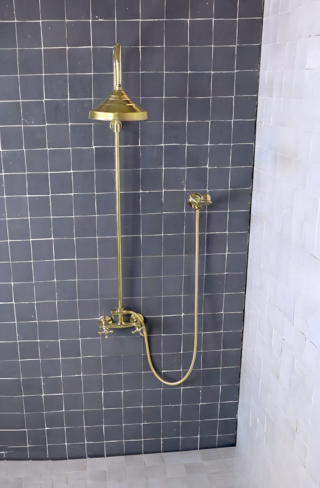 UNLACQUERED BRASS EXPOSED SHOWER HEAD WITH HANDHELD - Triazadesigns