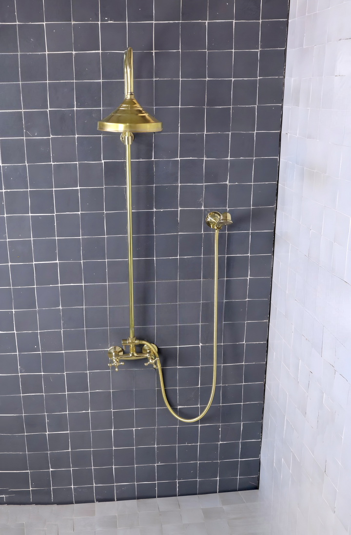 UNLACQUERED BRASS EXPOSED SHOWER HEAD WITH HANDHELD - Triazadesigns