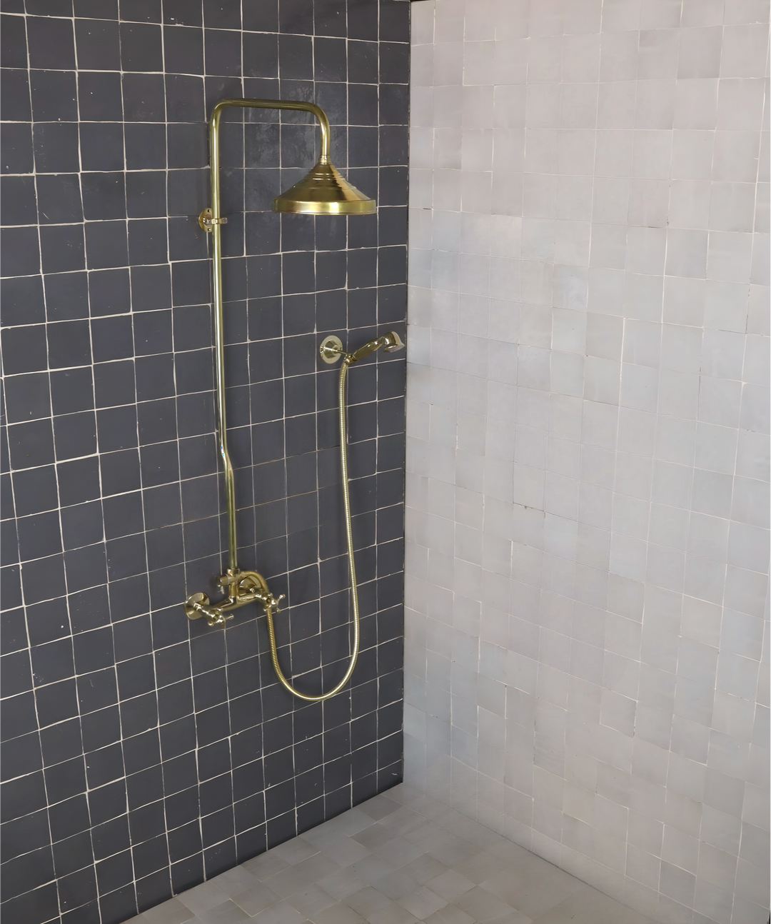 UNLACQUERED BRASS EXPOSED SHOWER HEAD WITH HANDHELD - Triazadesigns