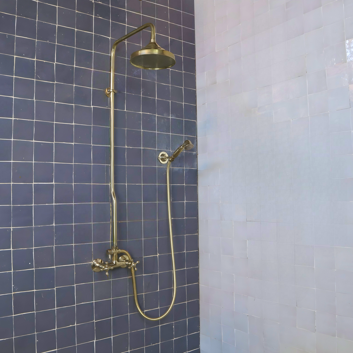 UNLACQUERED BRASS EXPOSED SHOWER HEAD WITH HANDHELD - Triazadesigns
