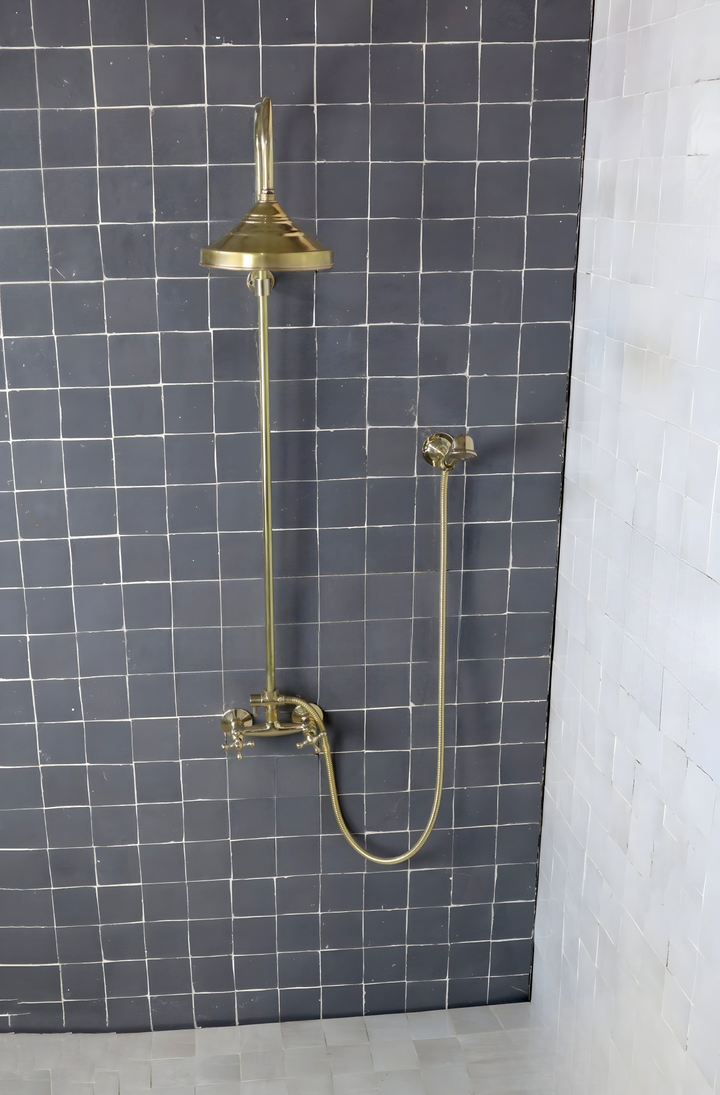 UNLACQUERED BRASS EXPOSED SHOWER HEAD WITH HANDHELD - Triazadesigns