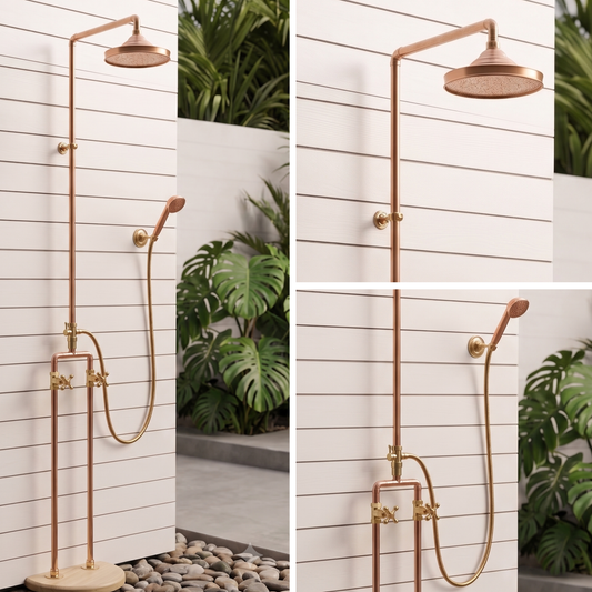 Floor Mounted Solid Copper Outdoor Shower with 8" Rainfall Head & Solid copper Handheld combo