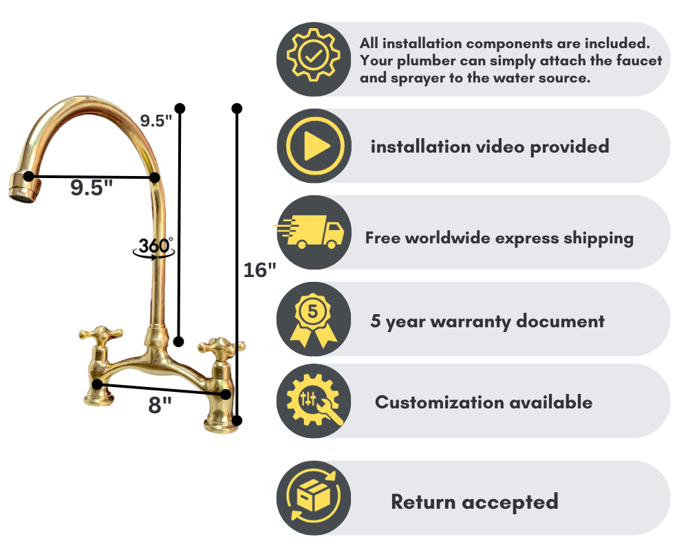 Unlacquered Brass Kitchen Bridge Faucet Vectorian Style - Triazadesigns