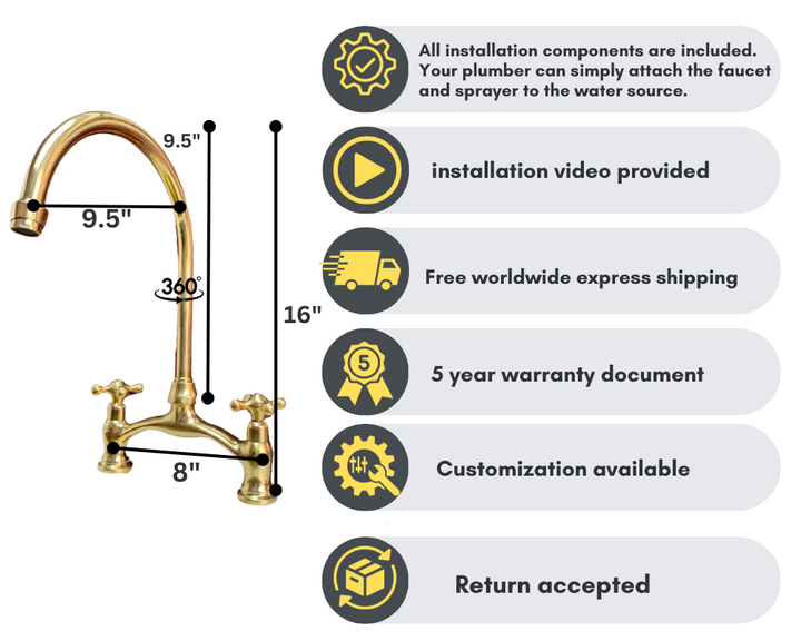 Unlacquered Brass Kitchen Bridge Faucet Vectorian Style - Triazadesigns