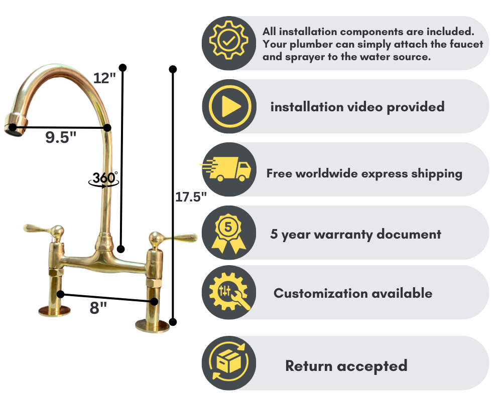 Unlacquered Brass Bridge Faucet - Antique Brass Kitchen Faucet - Triazadesigns