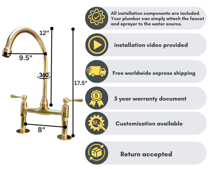 Unlacquered Brass Bridge Faucet - Antique Brass Kitchen Faucet - Triazadesigns