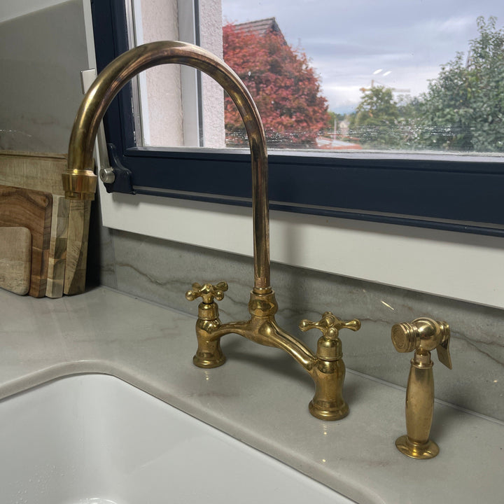 Unlacquered Brass Kitchen Bridge Faucet Vectorian Style