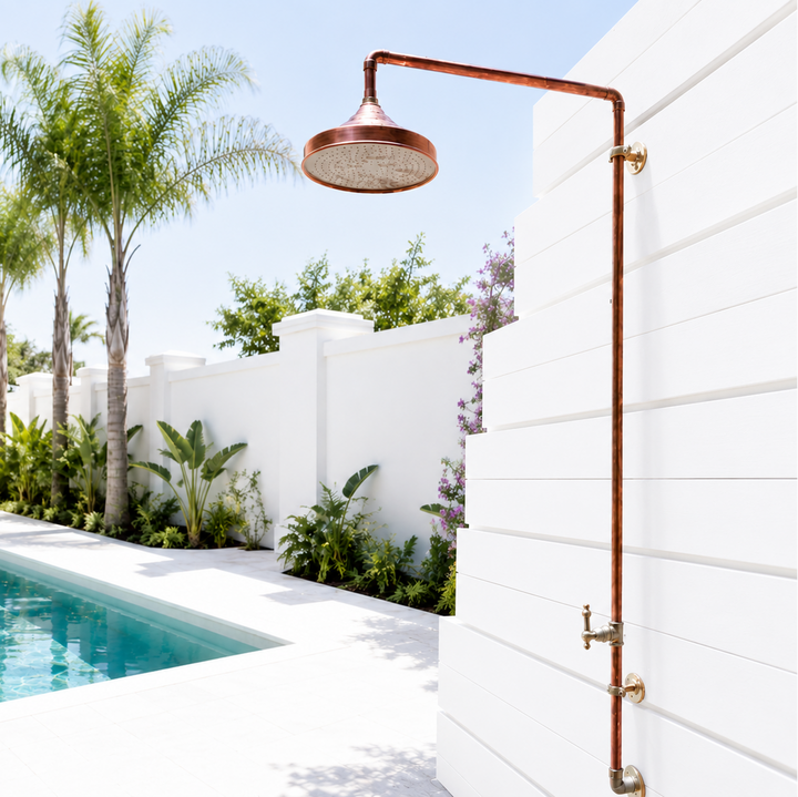 Unlacquered Solid Copper Outdoor Shower - Single Feed (Cold or Hot Water)