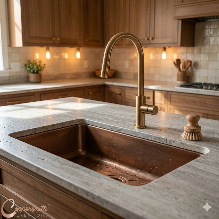 Solid Copper Undermount Kitchen Sink – Handcrafted Hammered Single Bowl (Living Finish)