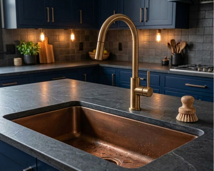 A TRIAZA DESIGNS copper undermount sink with a brushed brass gooseneck faucet, installed in a modern kitchen with dark blue cabinets and a dark gray stone countertop.