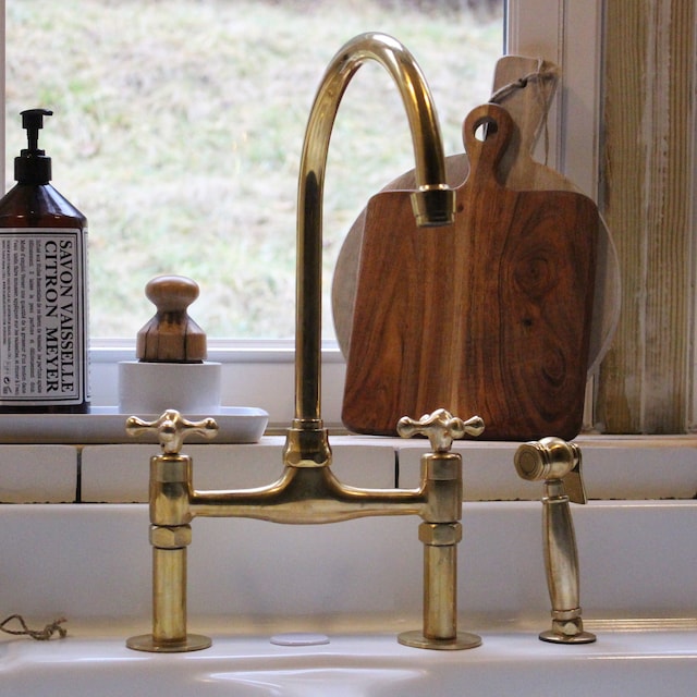 Unlacquered Brass Bridge Faucet - Antique Brass Kitchen Faucet - Triazadesigns