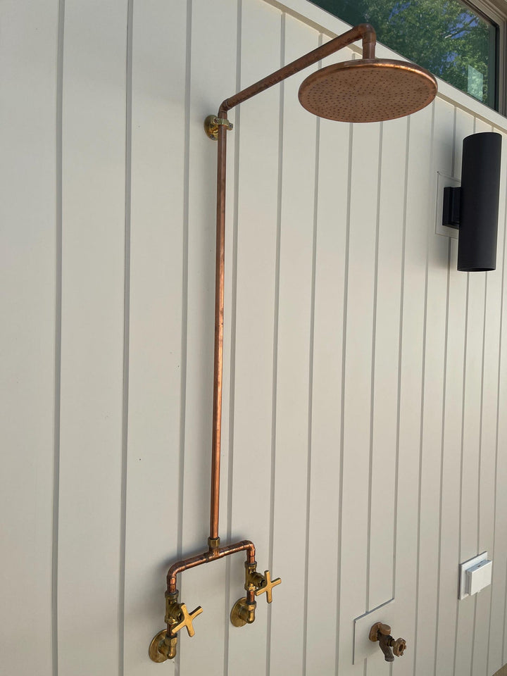 Handcrafted Unlacquered Solid Copper Outdoor Shower - 8" Rainfall Head