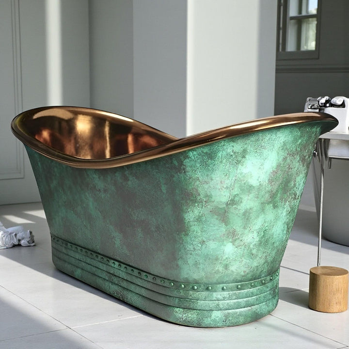 Handcrafted Oxidized Copper Bathtub - Rustic Green Patina Luxury Soaking Tub