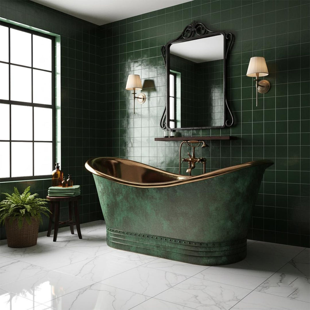 Handcrafted Oxidized Copper Bathtub - Rustic Green Patina Luxury Soaking Tub