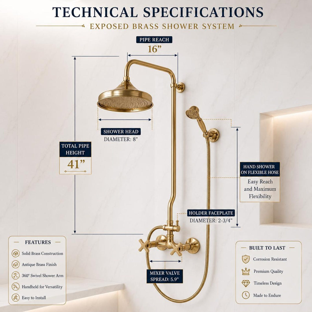 UNLACQUERED BRASS EXPOSED SHOWER HEAD WITH HANDHELD