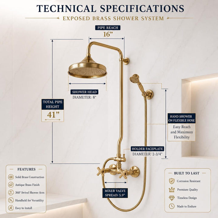 UNLACQUERED BRASS EXPOSED SHOWER HEAD WITH HANDHELD