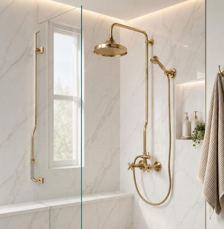UNLACQUERED BRASS EXPOSED SHOWER HEAD WITH HANDHELD