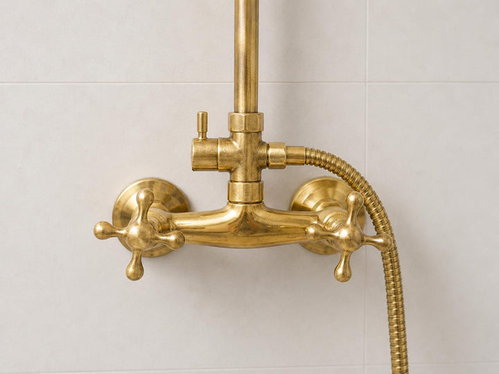 UNLACQUERED BRASS EXPOSED SHOWER HEAD WITH HANDHELD