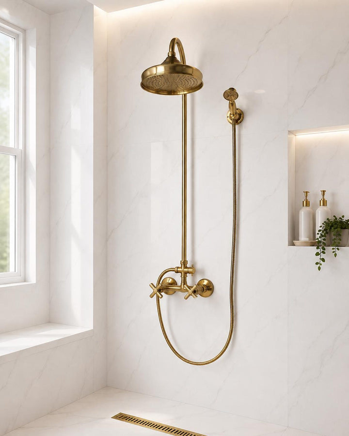 UNLACQUERED BRASS EXPOSED SHOWER HEAD WITH HANDHELD