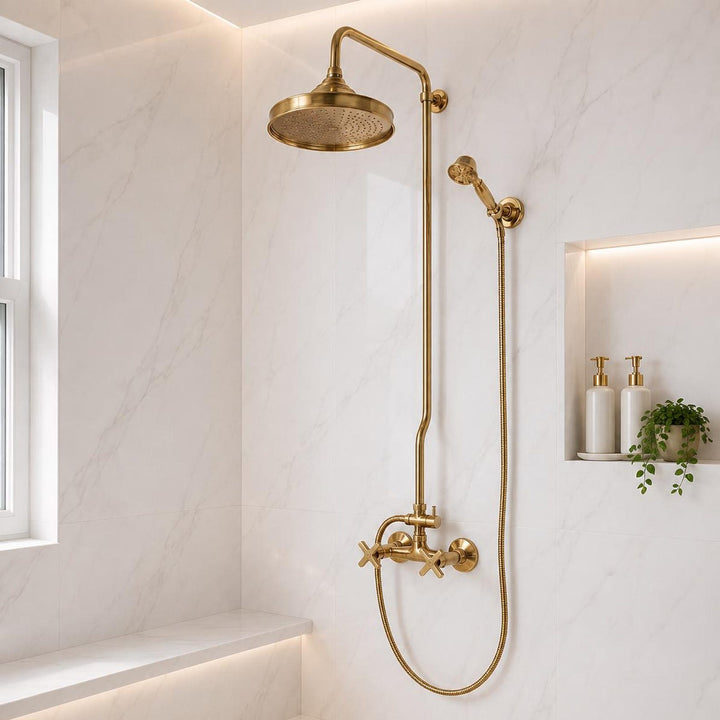 UNLACQUERED BRASS EXPOSED SHOWER HEAD WITH HANDHELD