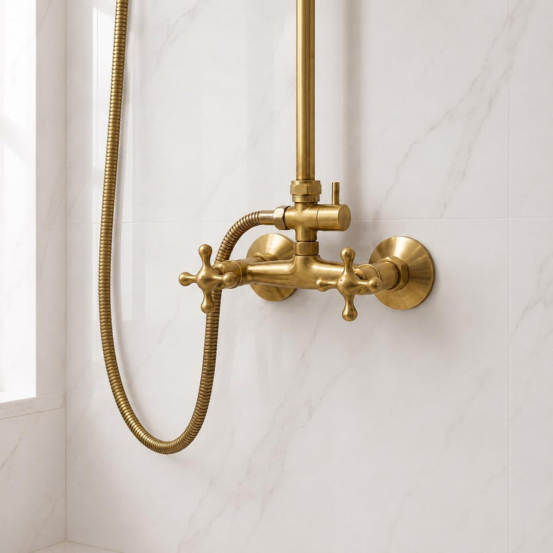 UNLACQUERED BRASS EXPOSED SHOWER HEAD WITH HANDHELD