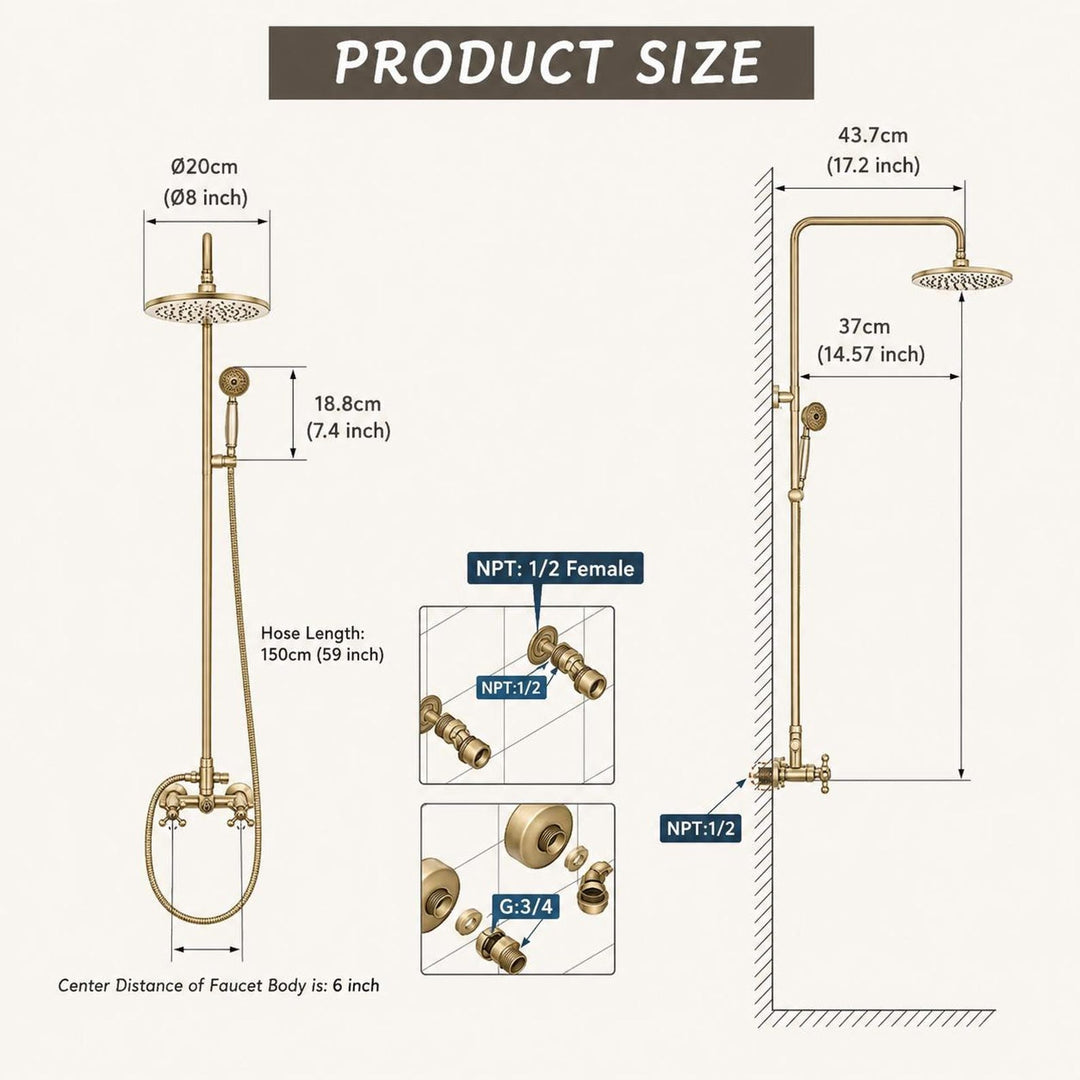 UNLACQUERED BRASS EXPOSED SHOWER HEAD WITH HANDHELD
