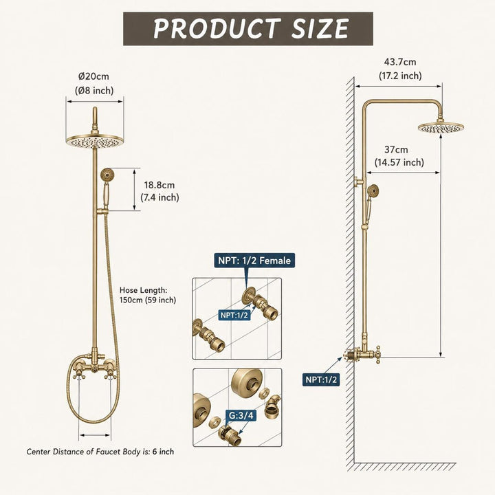 UNLACQUERED BRASS EXPOSED SHOWER HEAD WITH HANDHELD