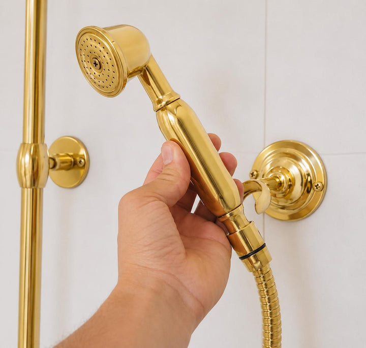 UNLACQUERED BRASS EXPOSED SHOWER HEAD WITH HANDHELD