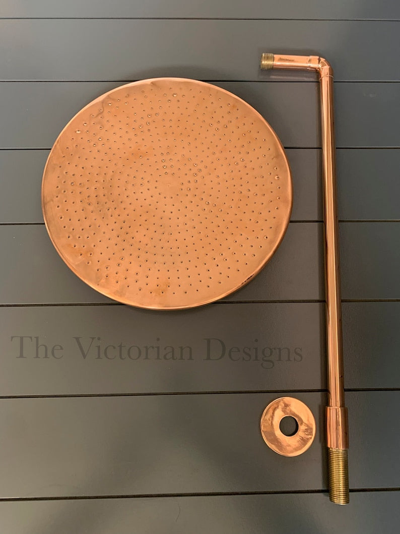 Unlacquered Solid copper Round Shower Head, copper Arm Extension - Triazadesigns