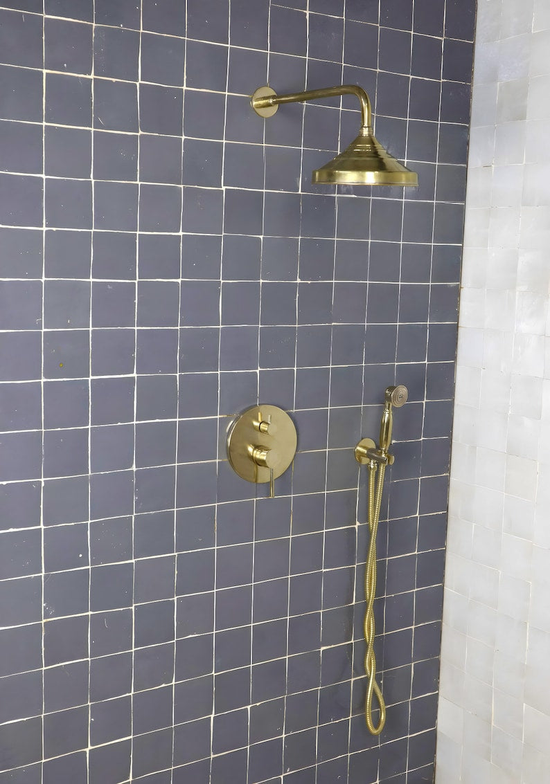 Antique Unlacquered Brass Shower System, Handheld Shower with customizable handles - Triazadesigns