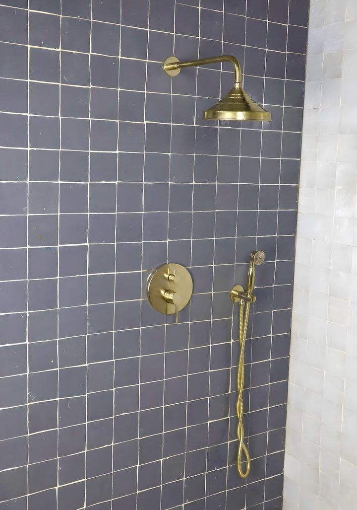 Antique Unlacquered Brass Shower System, Handheld Shower with customizable handles - Triazadesigns