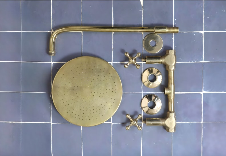 Unlacquered Brass Solid Brass Shower Head With Simple Arm - Triazadesigns