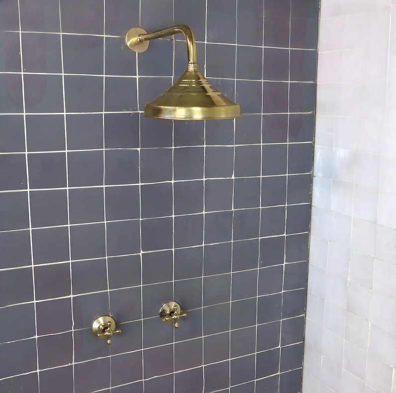 Unlacquered Brass Solid Brass Shower Head With Simple Arm - Triazadesigns