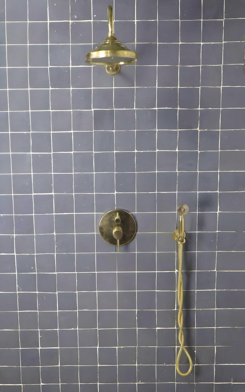 Antique Unlacquered Brass Shower System, Handheld Shower with customizable handles - Triazadesigns