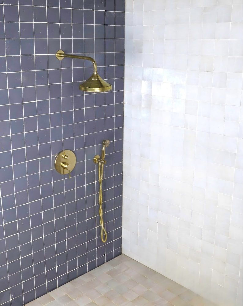 Antique Unlacquered Brass Shower System, Handheld Shower with customizable handles - Triazadesigns