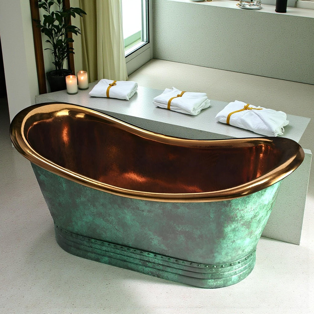 Handcrafted Oxidized Copper Bathtub - Rustic Green Patina Luxury Soaking Tub