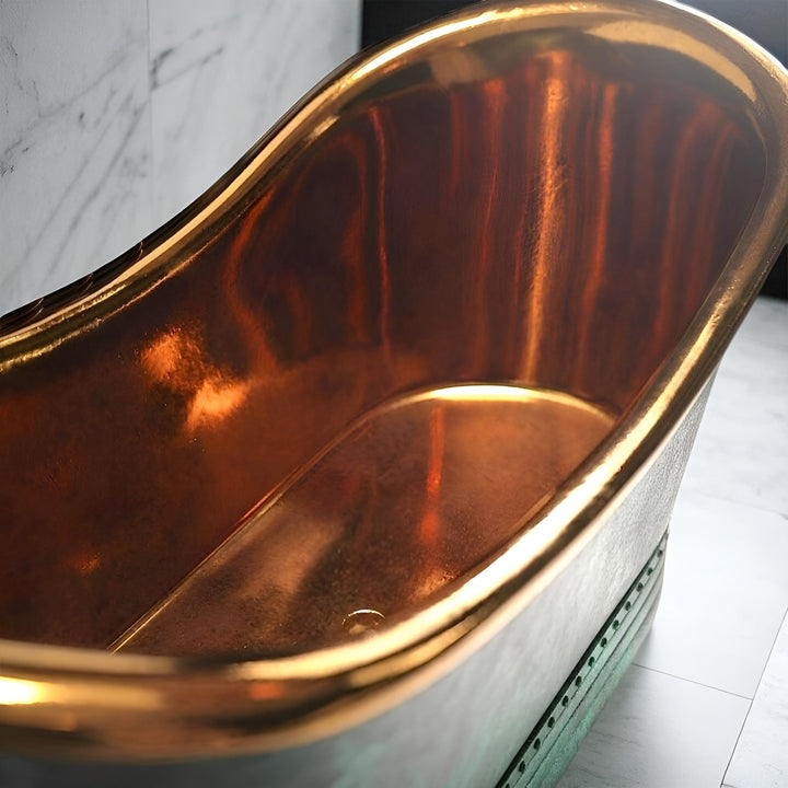 Handcrafted Oxidized Copper Bathtub - Rustic Green Patina Luxury Soaking Tub