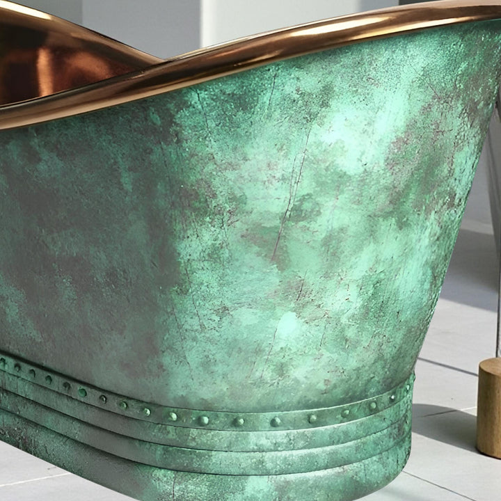 Handcrafted Oxidized Copper Bathtub - Rustic Green Patina Luxury Soaking Tub