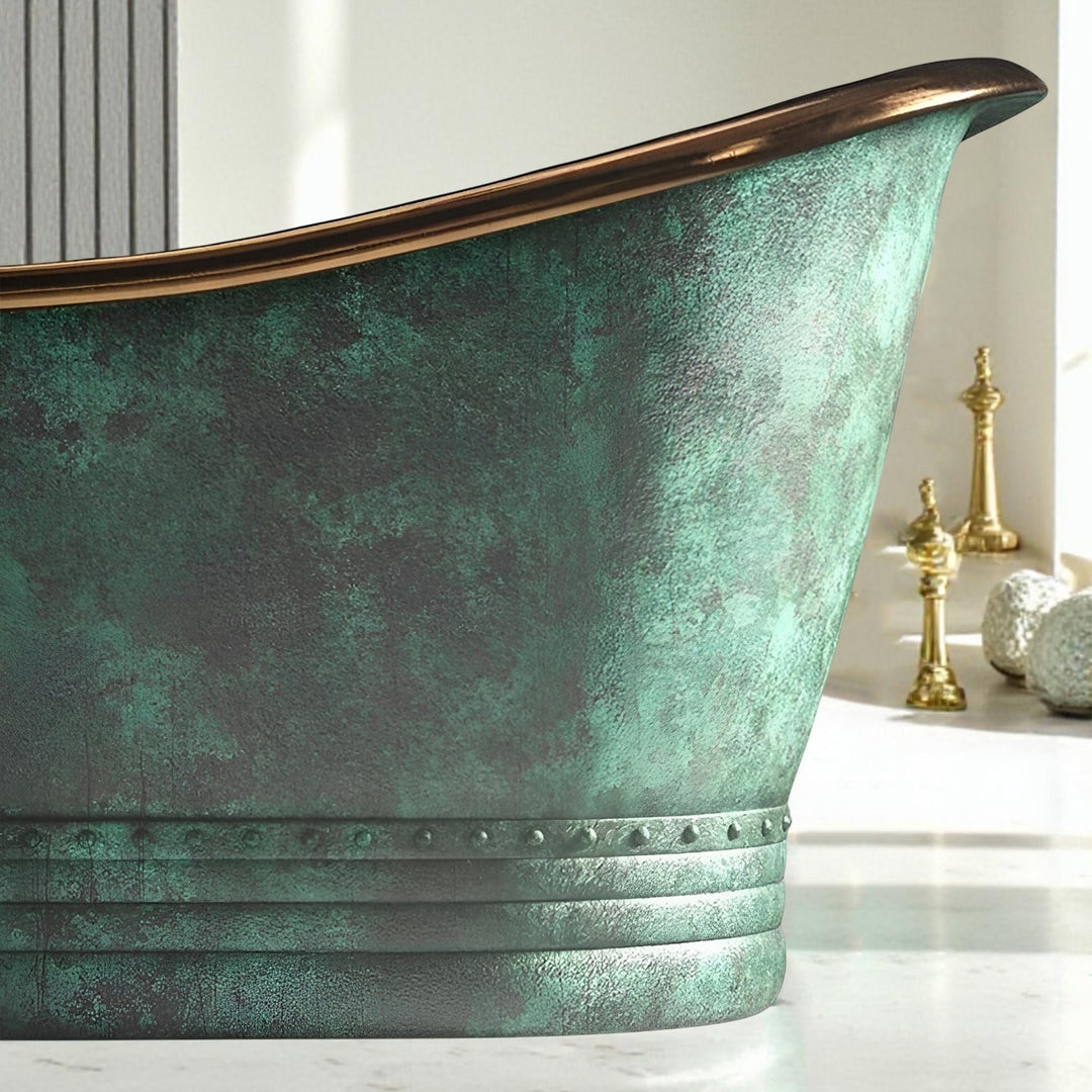 Handcrafted Oxidized Copper Bathtub - Rustic Green Patina Luxury Soaking Tub