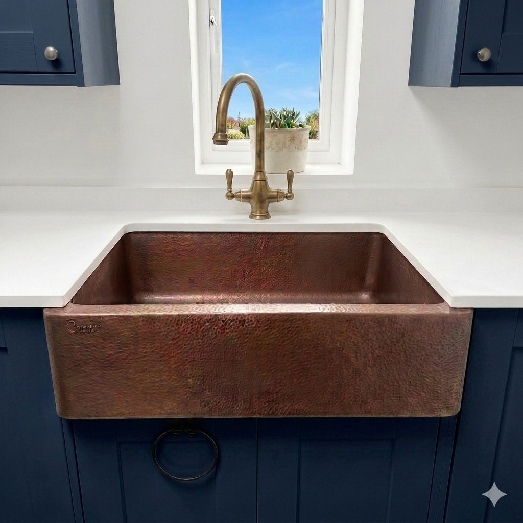 A large copper farmhouse sink with a textured hammered finish, installed under a white countertop and a brass gooseneck faucet, set against navy blue cabinets and a white backsplash.
