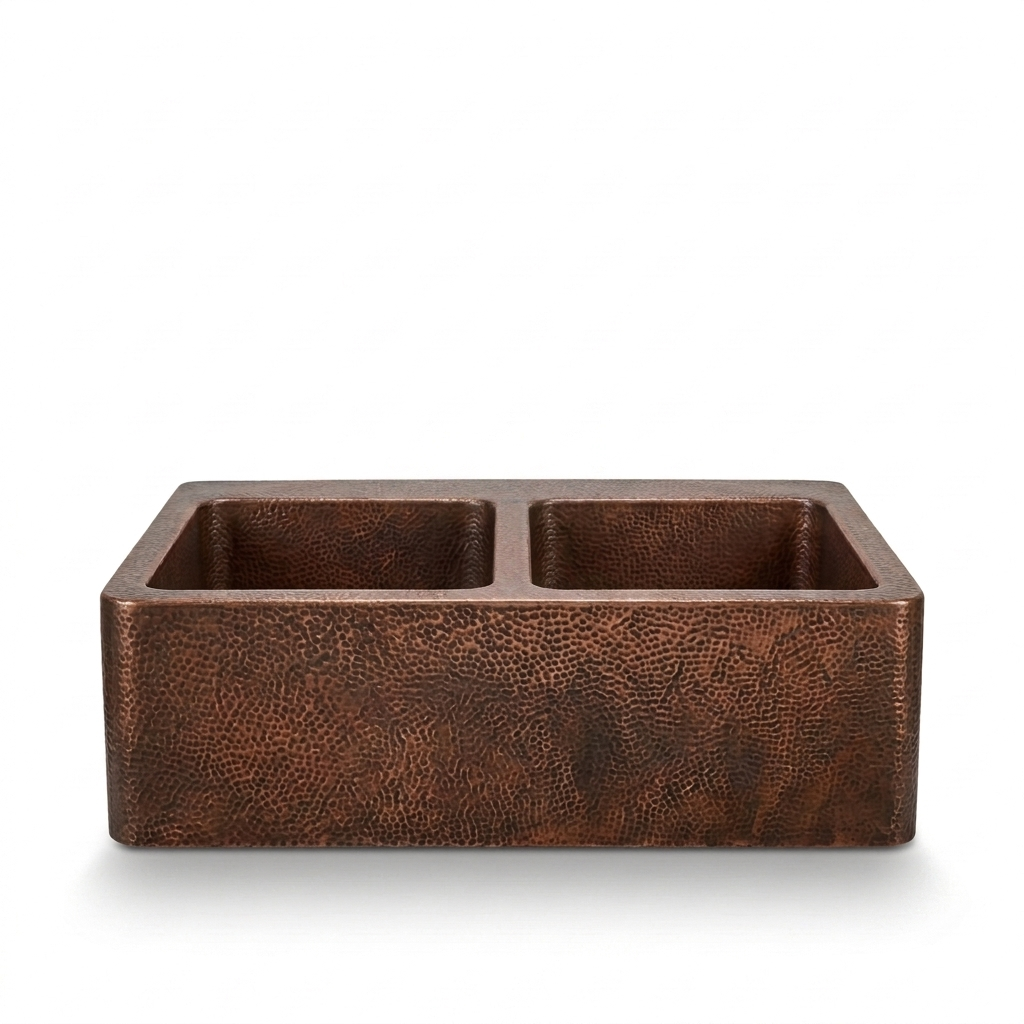 Handcrafted Hammered Copper Double Bowl Kitchen Sink – Living Finish Apron Front Sink