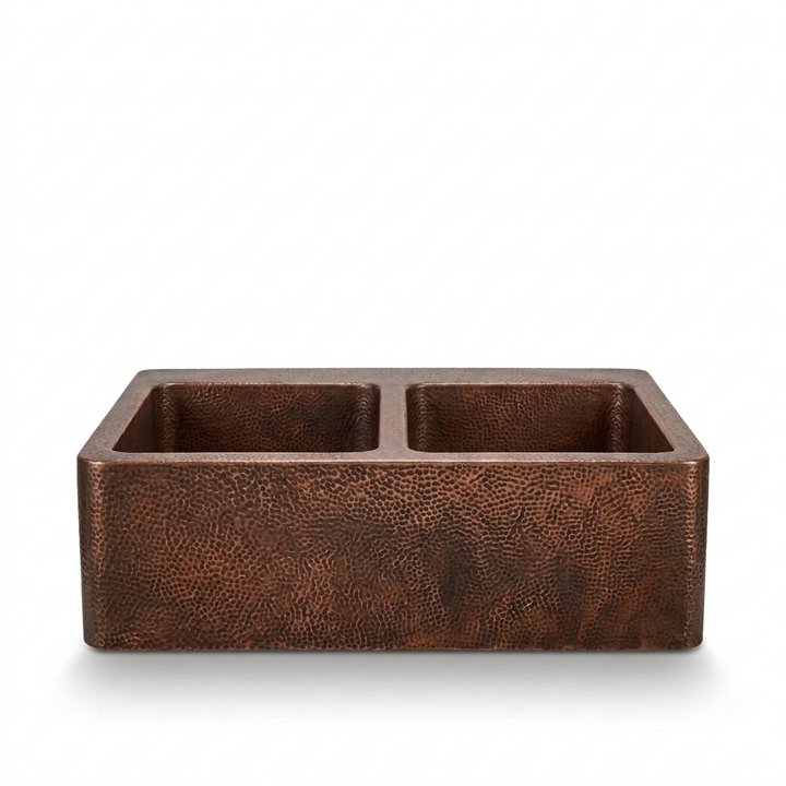Handcrafted Hammered Copper Double Bowl Kitchen Sink – Living Finish Apron Front Sink