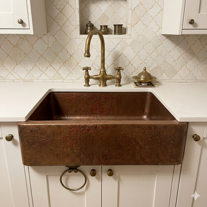 Handcrafted Hammered Copper Single Bowl Kitchen Sink – Living Finish Apron Front Sink